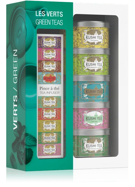 KUSMI TEA green Teas dárkový set sypaných čajů se sítkem 5x25g (EOL) 