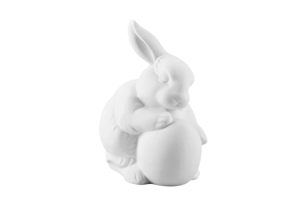 Velikonoční porcelánová dekorace Zajíc s vajíčkem, white biscuit, 10 cm