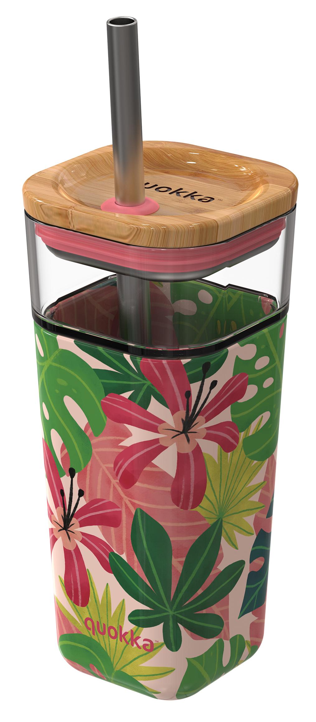 Skleněný hrnek Quokka Cube s brčkem, 540ml, tropické květy