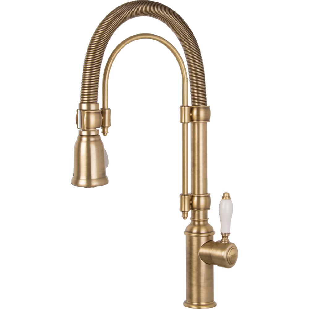 Páková baterie z řady Nostalgie s otočným ramenem a spirálovou dekorační pružinou, mosazná