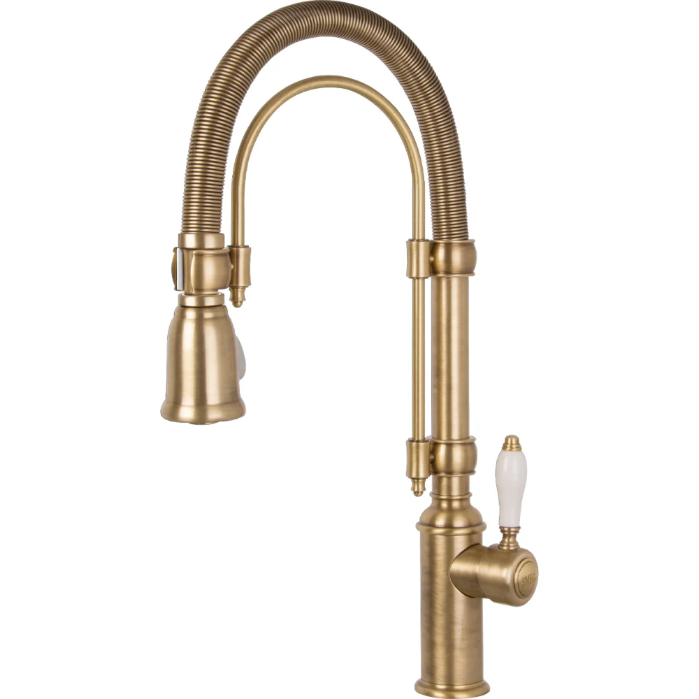 Páková baterie z řady Nostalgie s otočným ramenem a spirálovou dekorační pružinou, mosazná