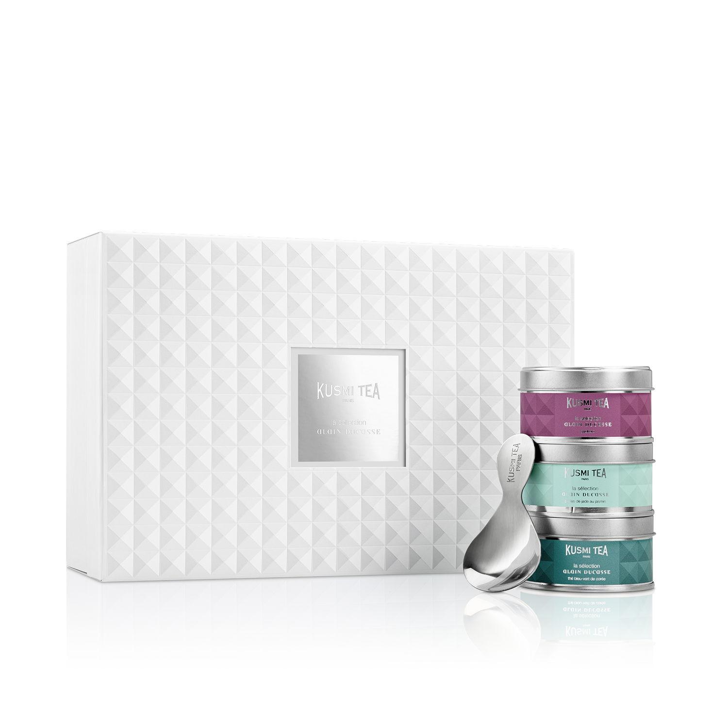 KUSMI TEA Organic Alain Ducasse kolekce dárkový set 8 miniatur se lžičkou 143g 