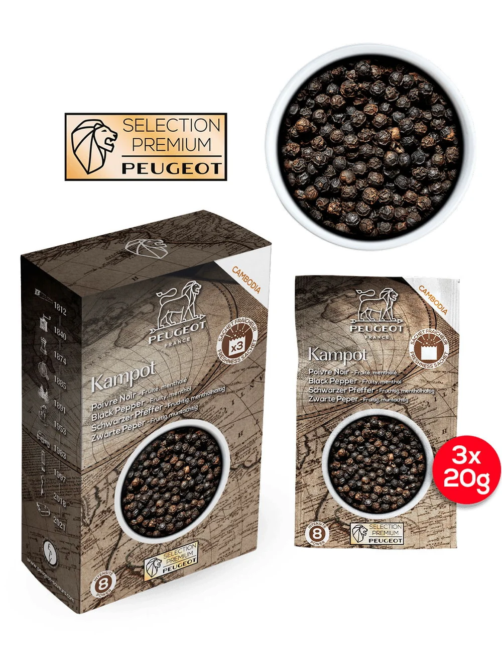 Černý pepř Kampot Premium, 3 x 20 g