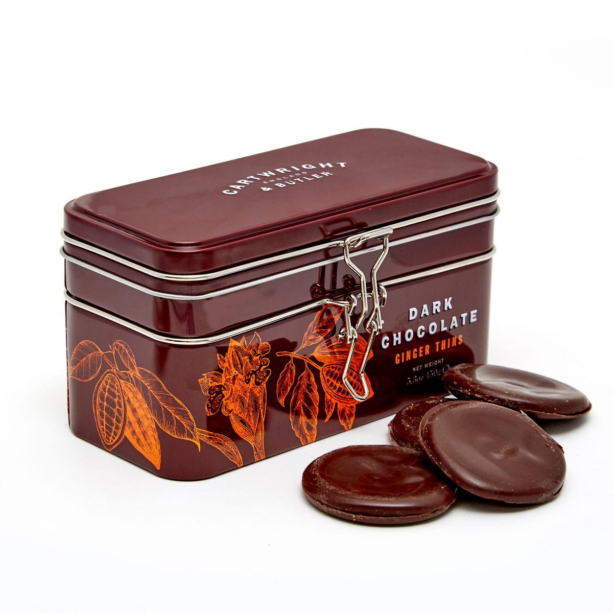 Tenká čokoládová kolečka tmavé čokolády se zázvorem, kovová dóza, 150 g