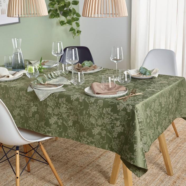 Žakárový ubrus s úpravou proti skvrnám Flores, 140 x 200 cm, olive