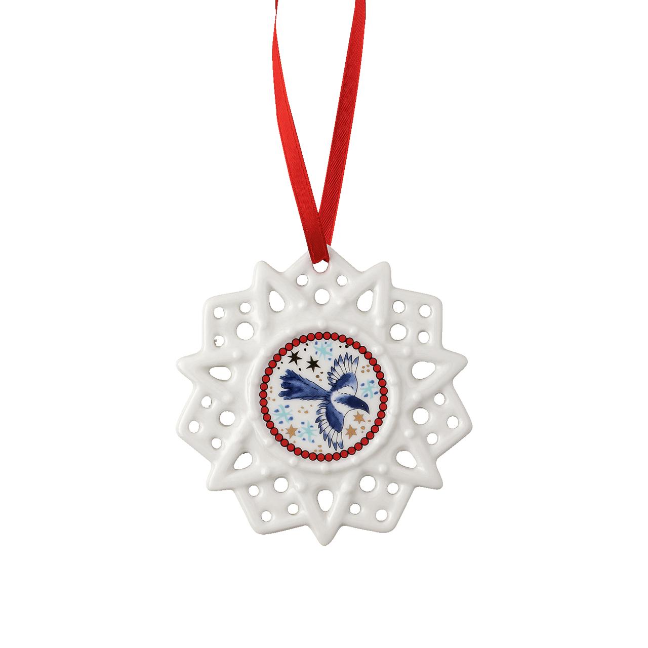 Porcelánová ozdoba Vločka, motiv Straka, Christmas Sounds, Ø 7,5 cm