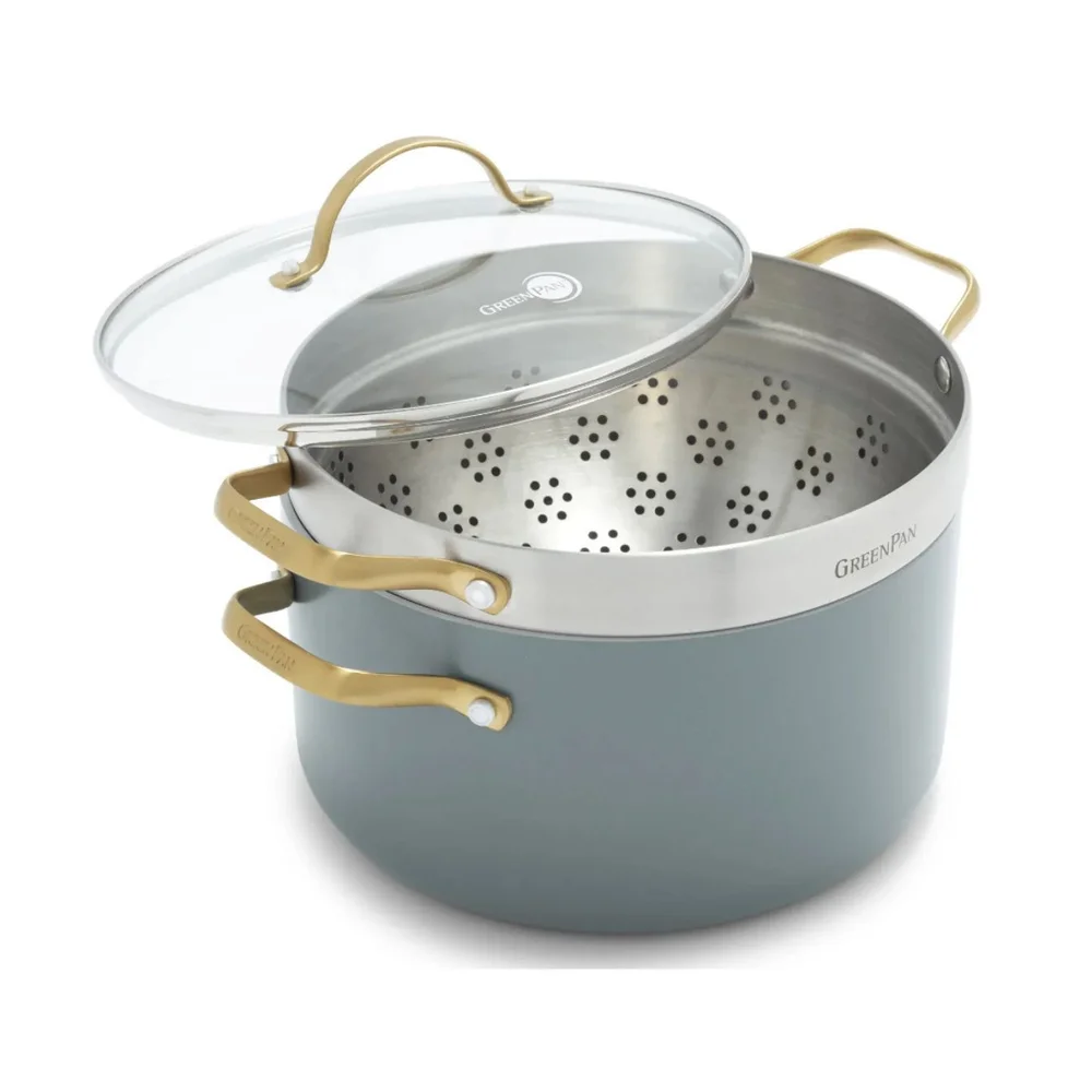 Hrnec s nepřilnavým keramickým povrchem se skleněnou poklicí a cedníkem, 24 cm, zelená