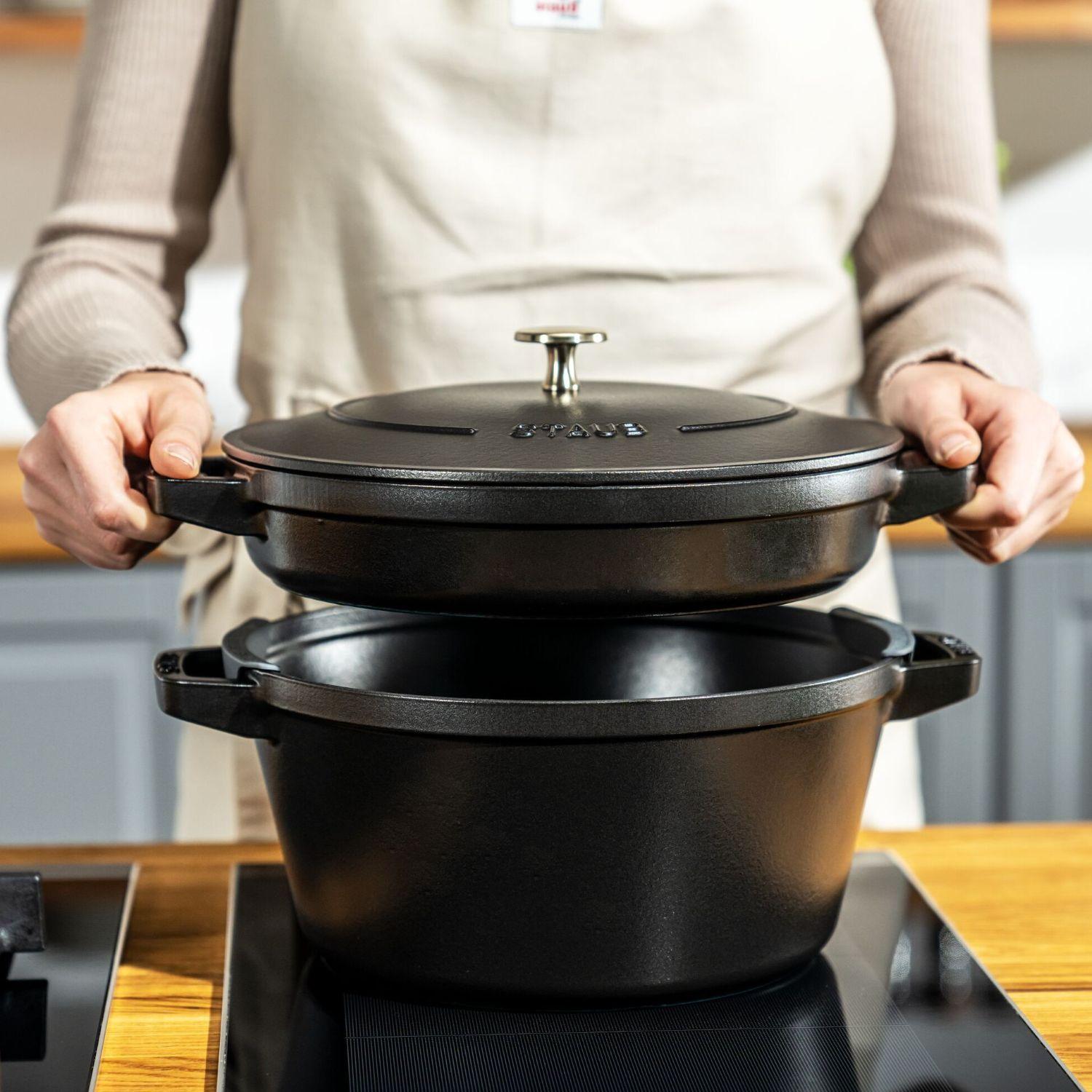 Sada 2v1: litinový hrnec a pánev s poklicí, Ø 24 cm, černá