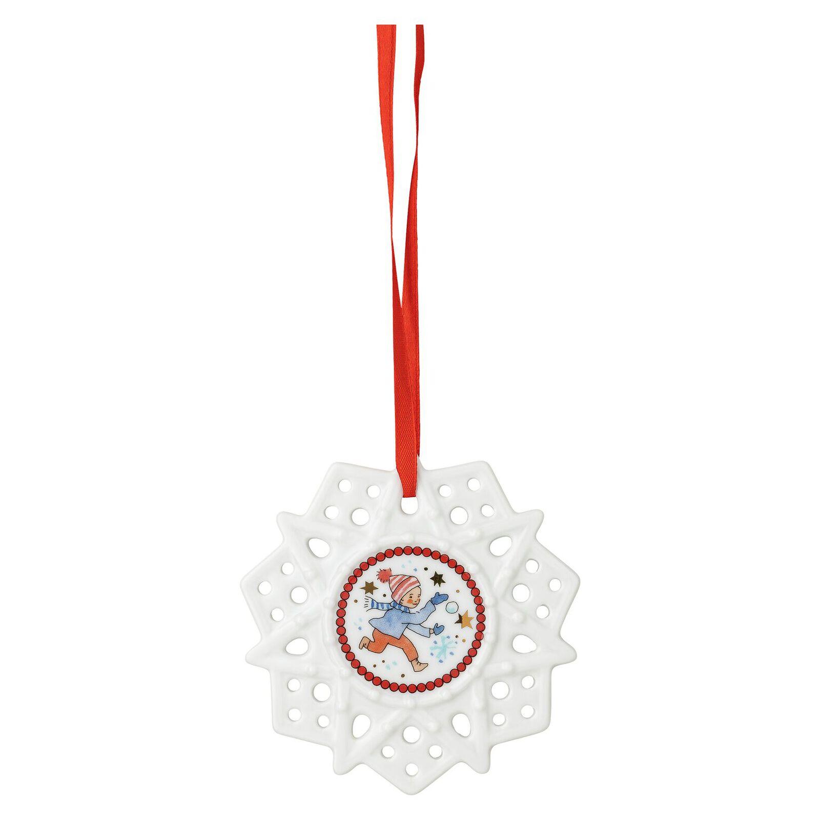 Porcelánová ozdoba Vločka, motiv Chlapec, Vánoční radovánky, Ø 8 cm