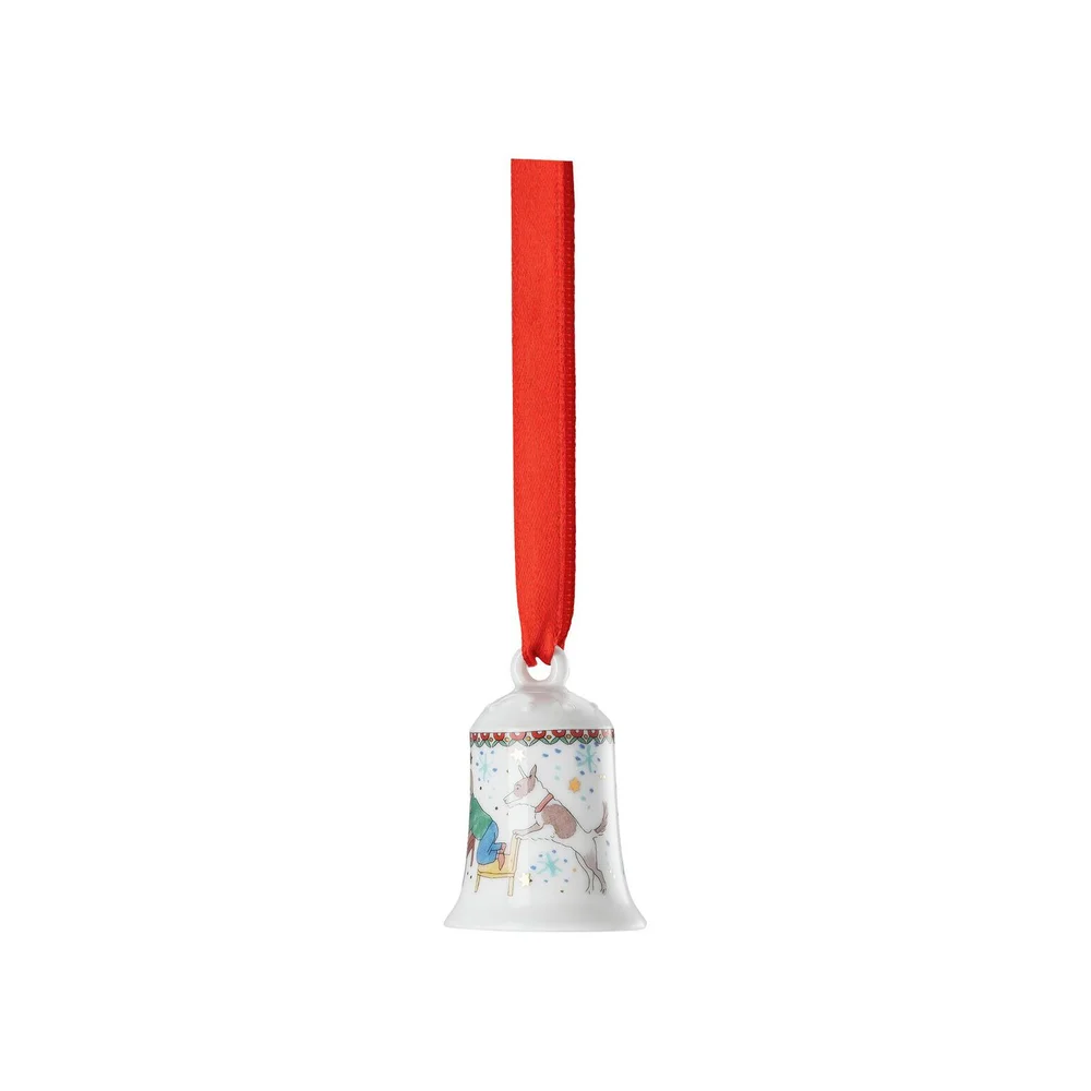 Porcelánový mini zvonek, motiv Děti hrající deskovou hru, Vánoční radovánky, 5 cm