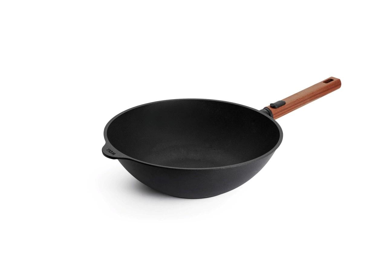 Nepřilnavá wok pánev Eco Logic QXR s dřevěnou odnímatelnou rukojetí, 30 cm