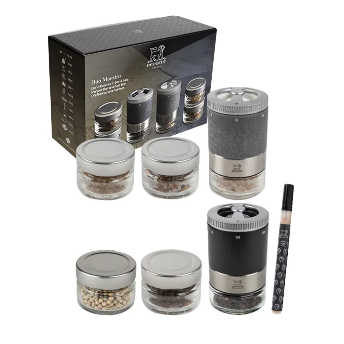 Duo mlýnků Maestro na sůl a pepř se 6 zásobníky, kořením a popisovačem