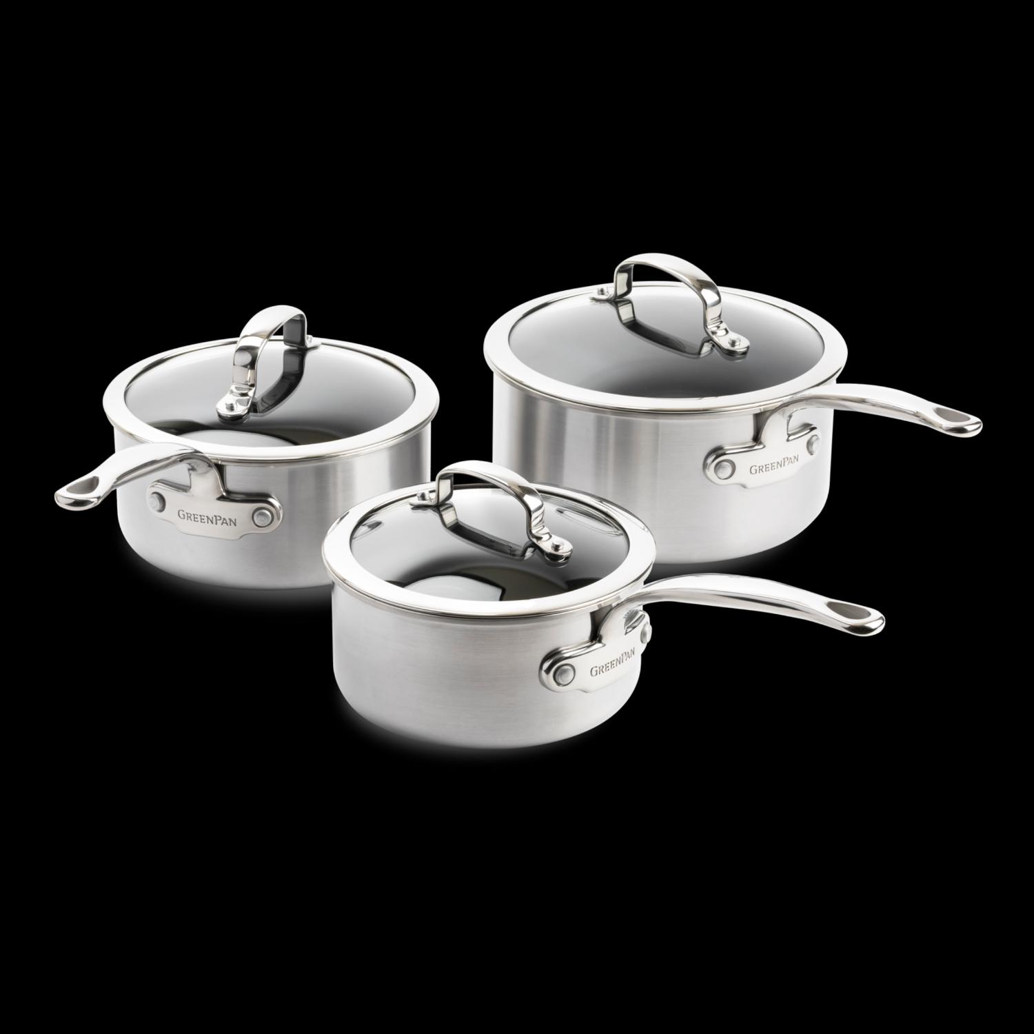 Sada nerezových omáčníků s poklicí s keramickým povrchem Premiere, 16 + 18 + 20 cm