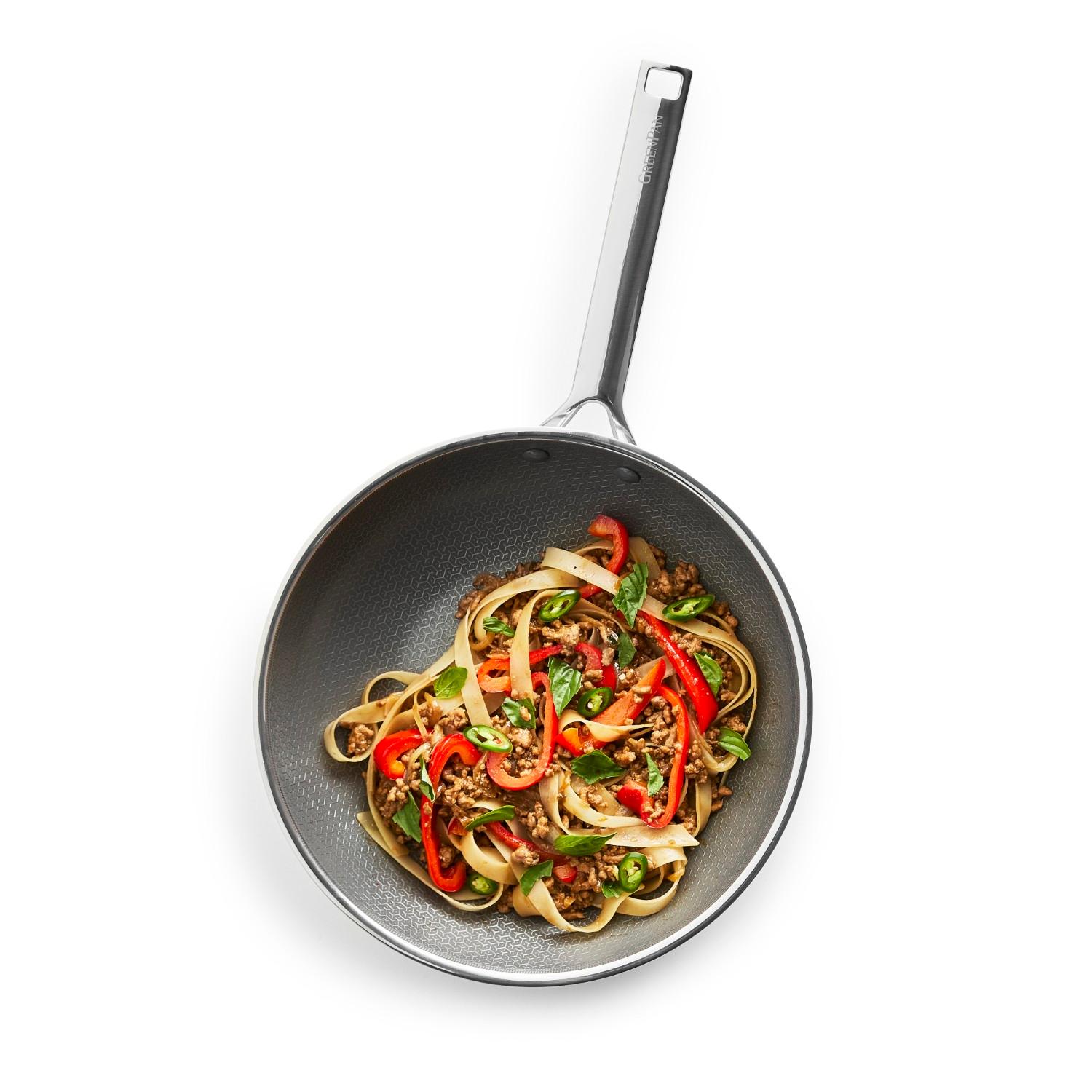 Nerezová wok pánev s hybridním keramickým nepřilnavým povrchem Thermobond, kolekce Apex, 28 cm