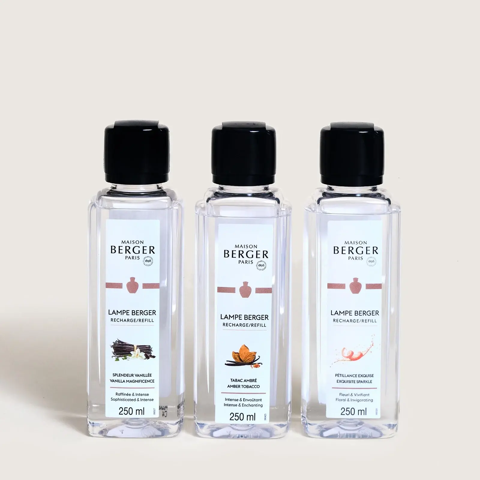 Náplně do katalytických lamp: Jantarový tabák, Velkolepá vanilka, Intenzivní třpyt, 3x250 ml