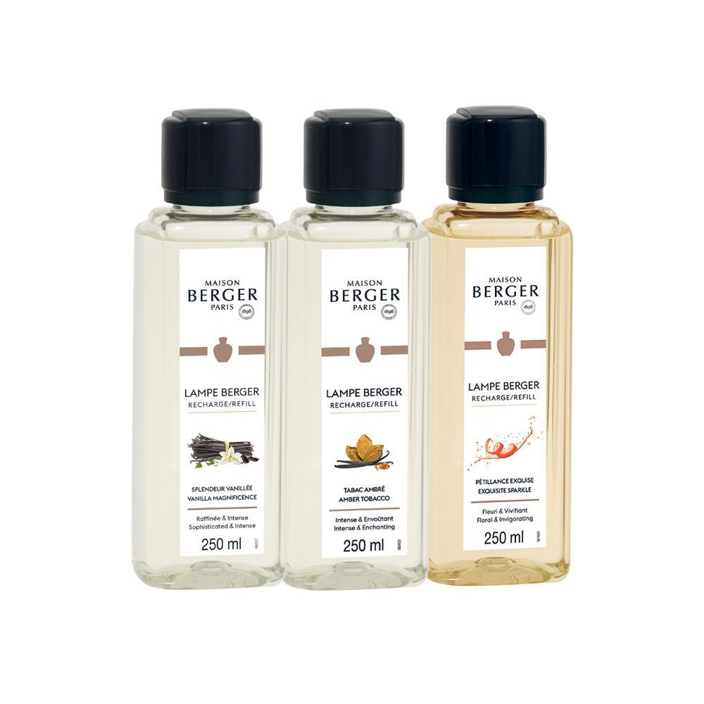 Náplně do katalytických lamp: Jantarový tabák, Velkolepá vanilka, Intenzivní třpyt, 3x250 ml