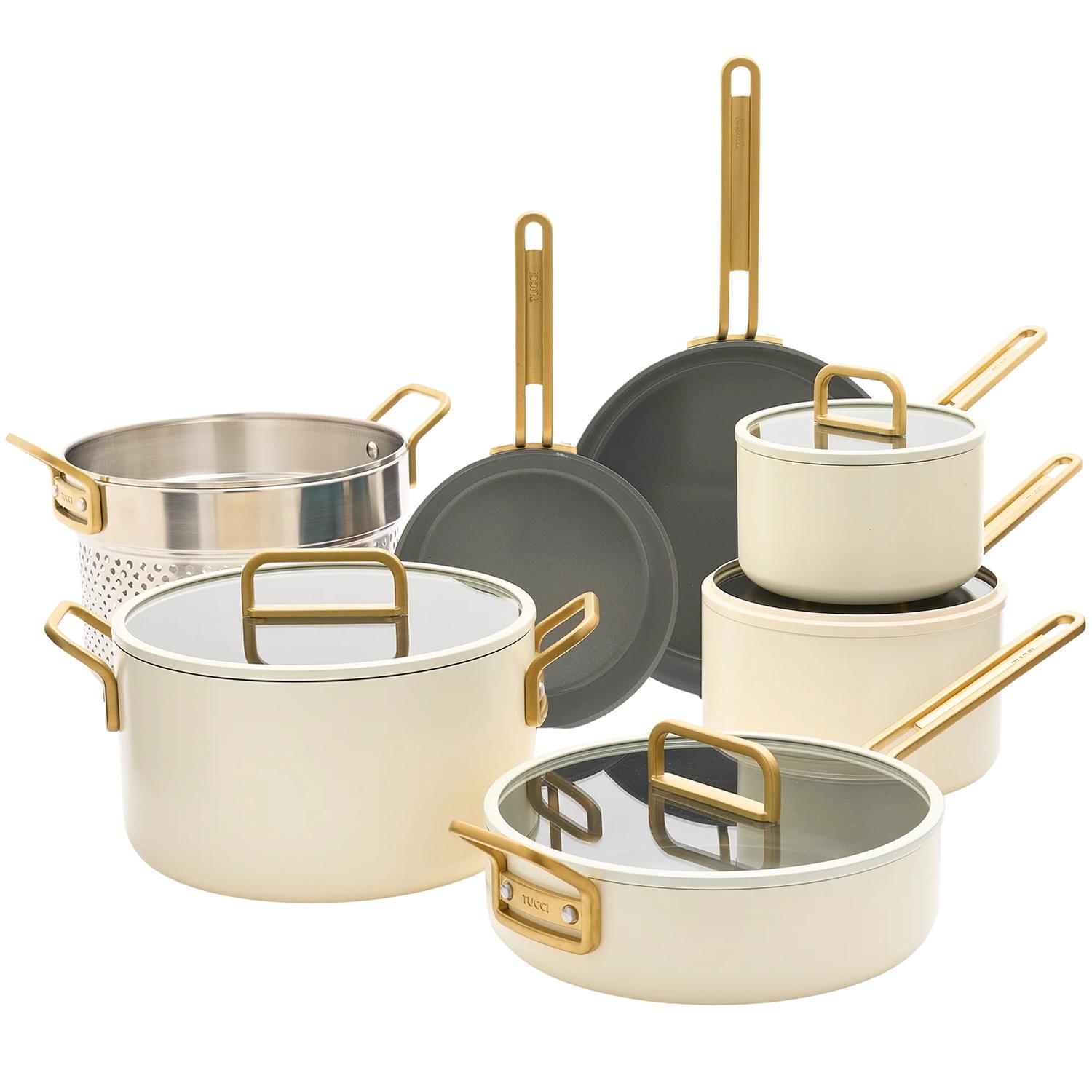 Sada nádobí s nepřilnavým keramickým povrchem, Stanley Tucci, 11 ks, krémová