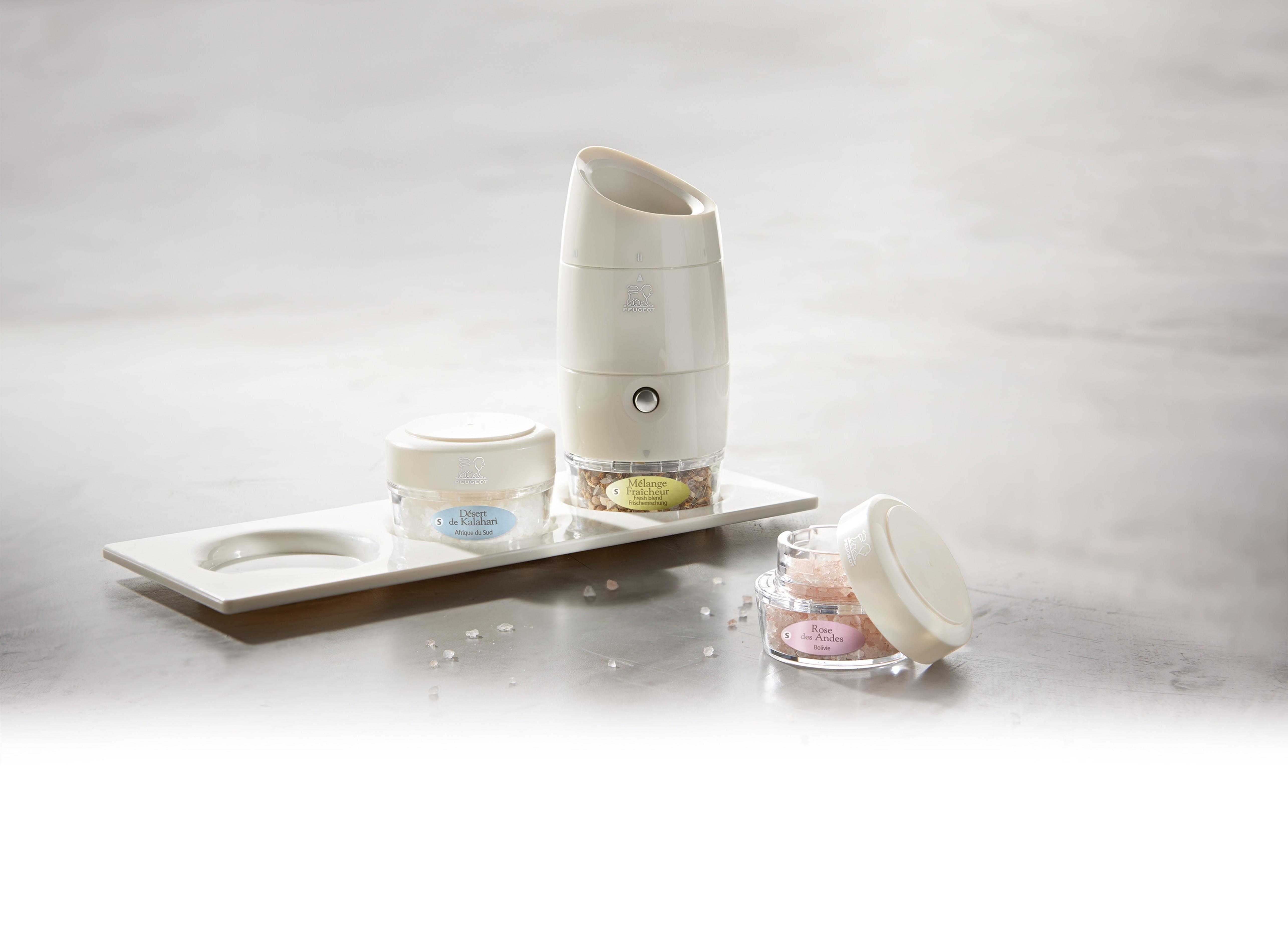 PEUGEOT ZANZIBAR multi mlýnek na sůl 12cm + tři druhy soli + tácek bílý/akryl(EOL)
