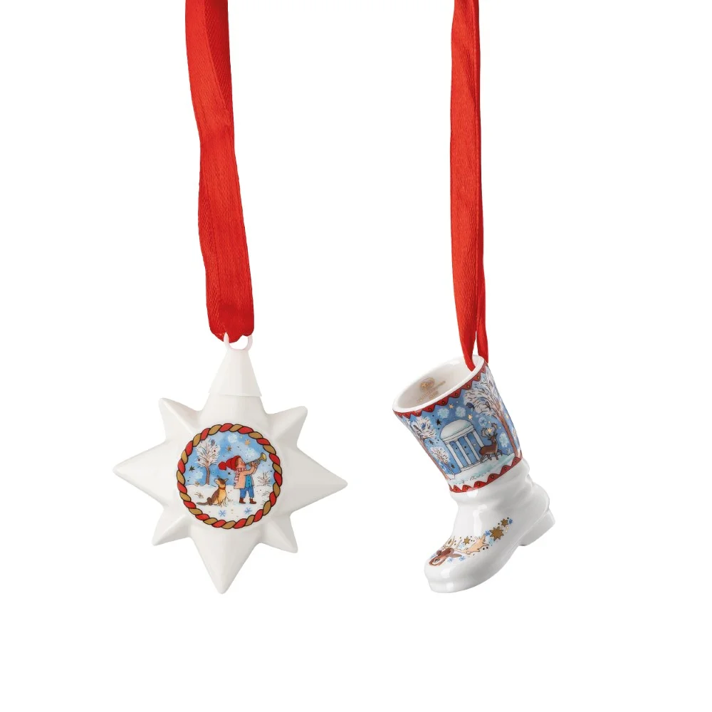 Vianočná sada porcelánové Mini ozdoby hviezda/topánka, Štedrý večer 5 /Ø 6,5 cm