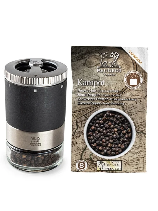 Mlynček na korenie Maestro + 1 zásobník + čierne korenie Kampot