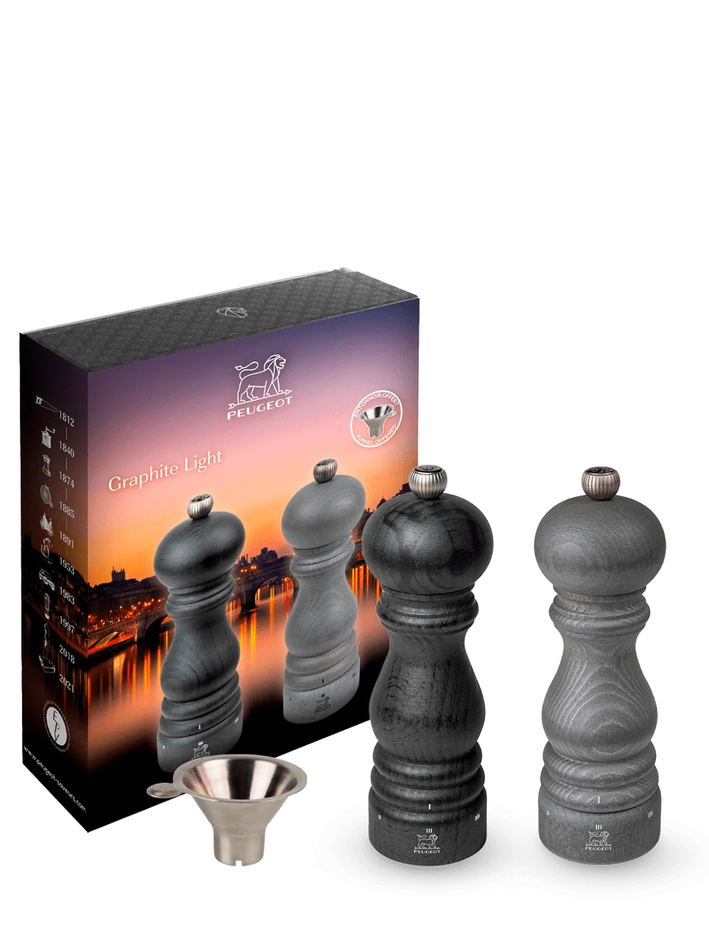Sada mlynčekov na korenie a soľ Paris u´Select Graphite Light, 18 cm + nerezový lievik