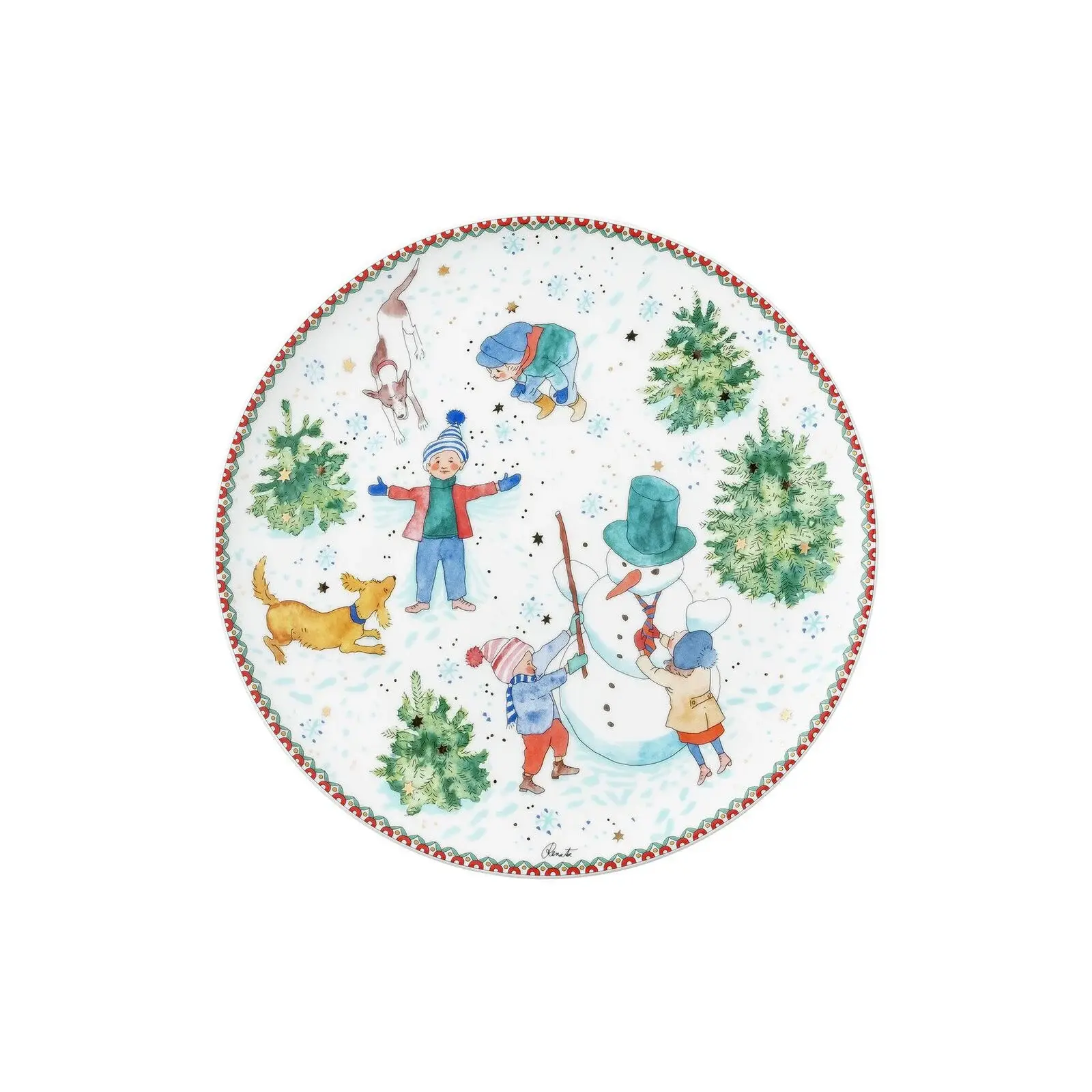 Vianočný tanier na zákusky, Vianočné radovánky – Deti stavajú snehuliaka, Ø 23 cm