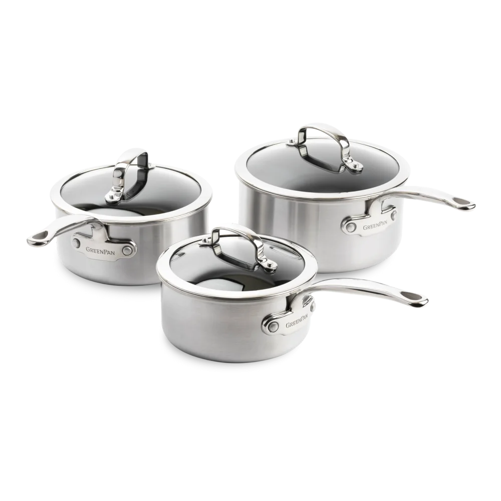 Sada nerezových omáčnikov s pokrievkou s keramickým povrchom, 16 + 18 + 20 cm