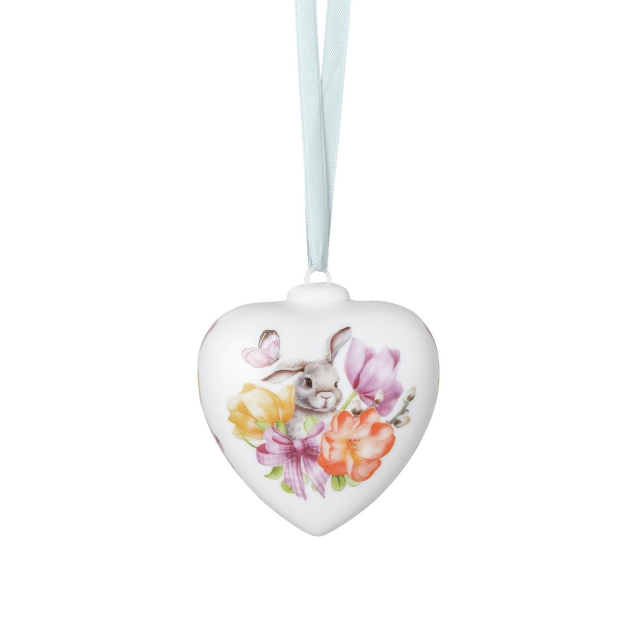 Porcelánová závesná dekorácia srdce „Zajačik s tulipánmi“, 7 cm